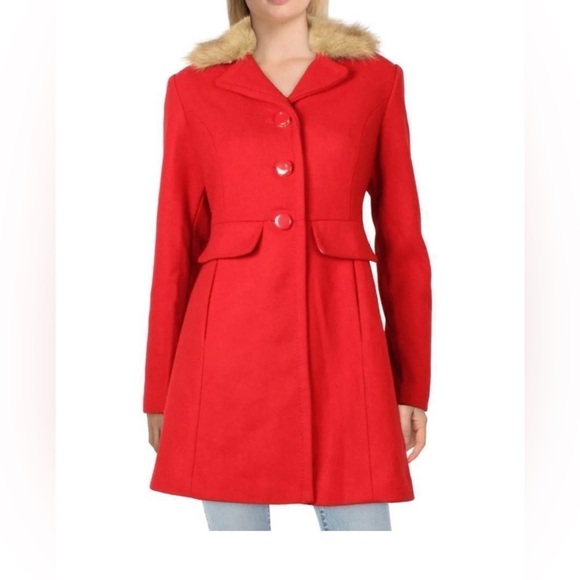 Kate Spade New York True Red Faux-Fur Trim Walker Coat Wool Blend Size Medium - Picture 2 of 15